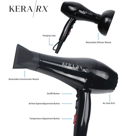Image showcases the features of the Kera/RX KeraBlast 2400 Professional Blow Dryer. 