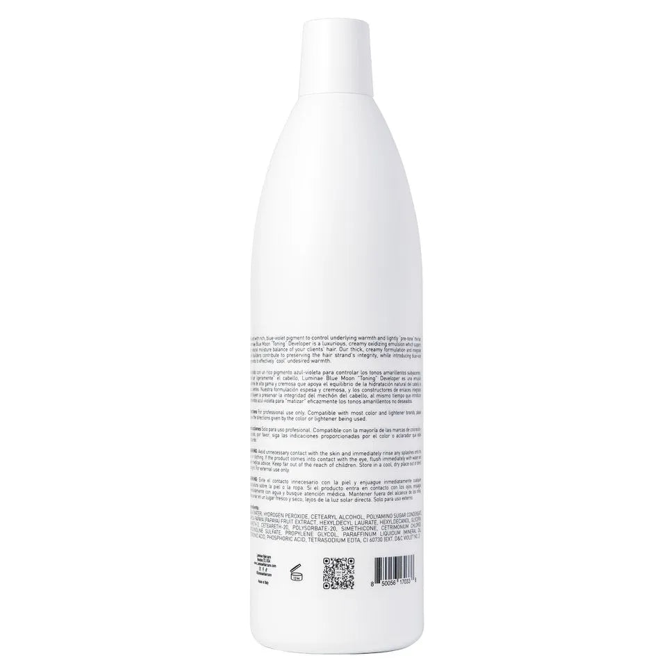 Image showcasing the back label of the 1000 milliliter bottle of Luminae Blue Moon Premium Developer 20 Volume (6% Peroxide).
