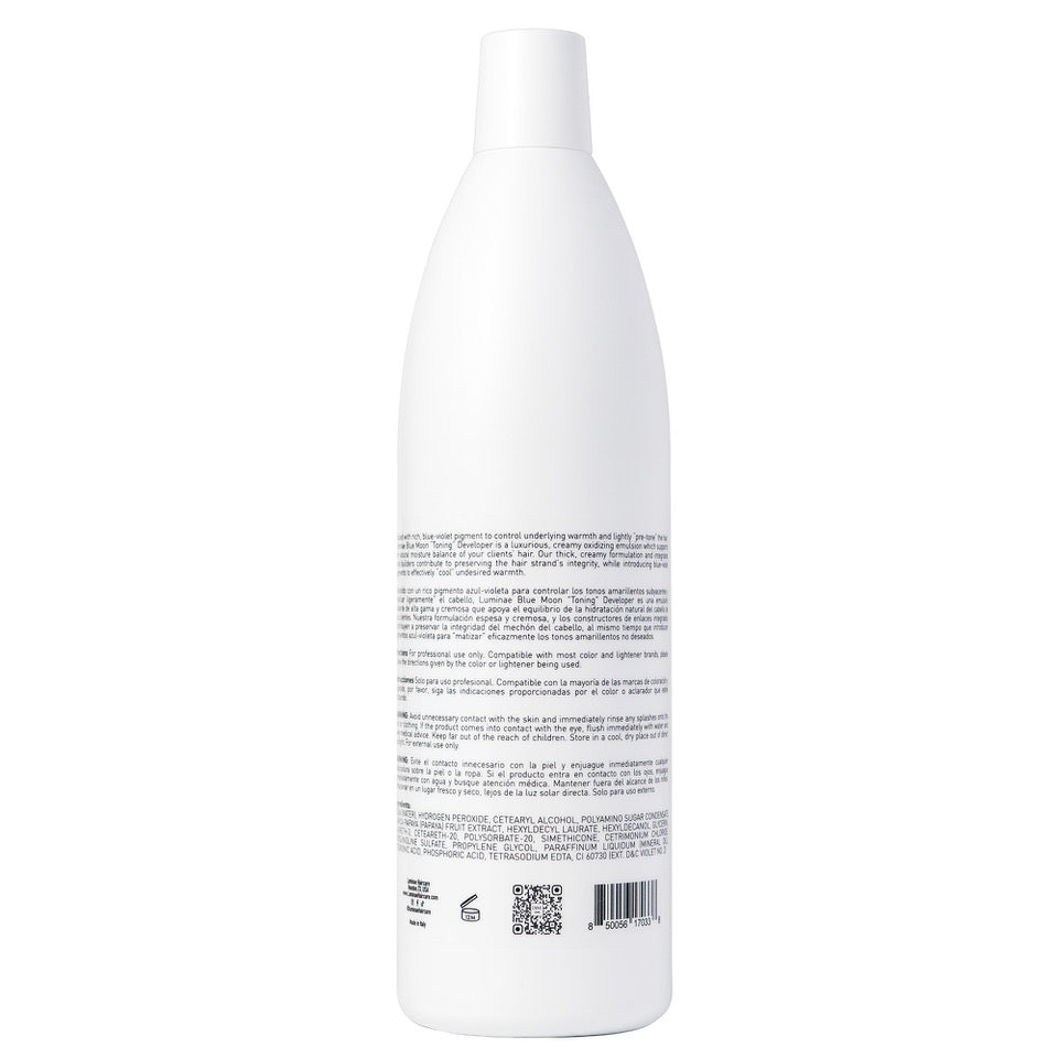 Image showcasing the back label of the 1000 milliliter bottle of Luminae Blue Moon Premium Developer 6 Volume (1.8% Peroxide).