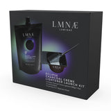 Image showcasing LUMINAE Eclipse Charcoal Creme Lightener Launch Kit. It includes 1 Eclipse Charcoal Creme Lightener, 1 Mixing Bowl, and one 2-in-1 applicator brush.