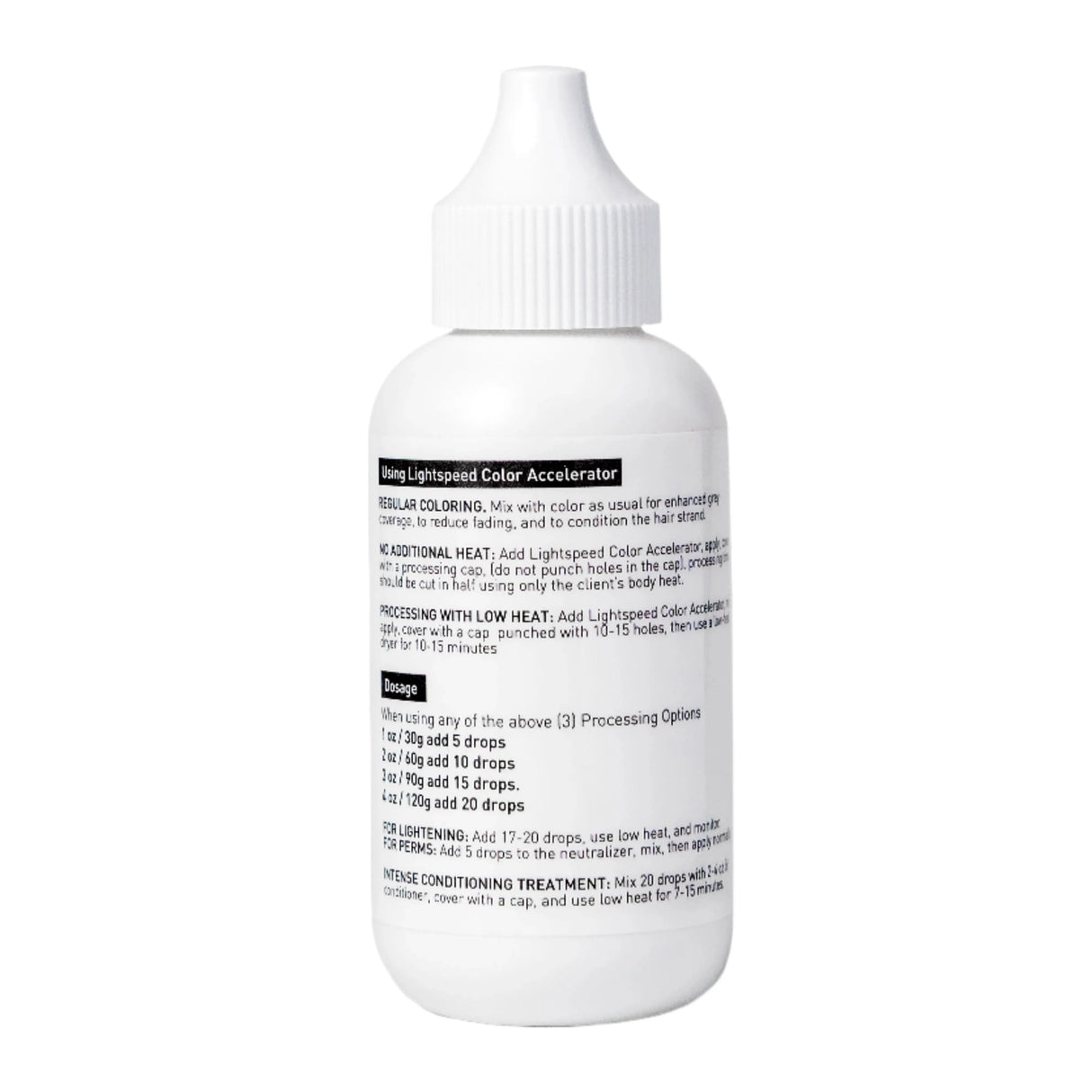 Image of the back of the 2.03 fluid ounce bottle of LUMINAE Lightspeed Color Accelerator.