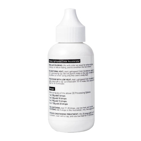 Image of the back of the 2.03 fluid ounce bottle of LUMINAE Lightspeed Color Accelerator.