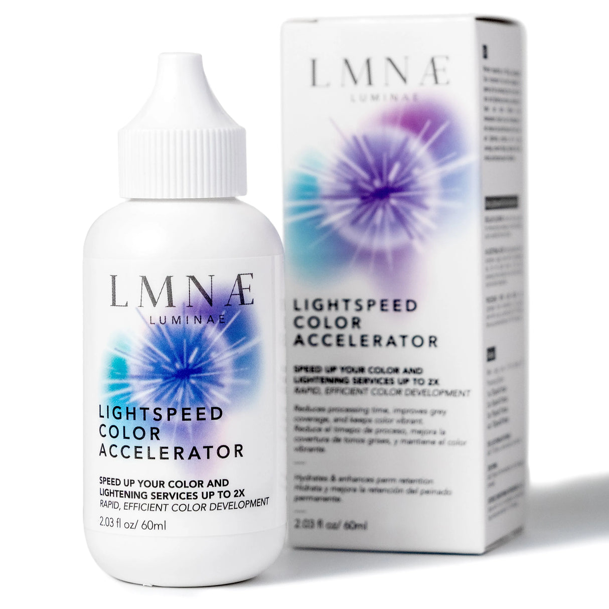 Image of the 2.03 fluid ounce bottle of LUMINAE Lightspeed Color Accelerator and packaging. 