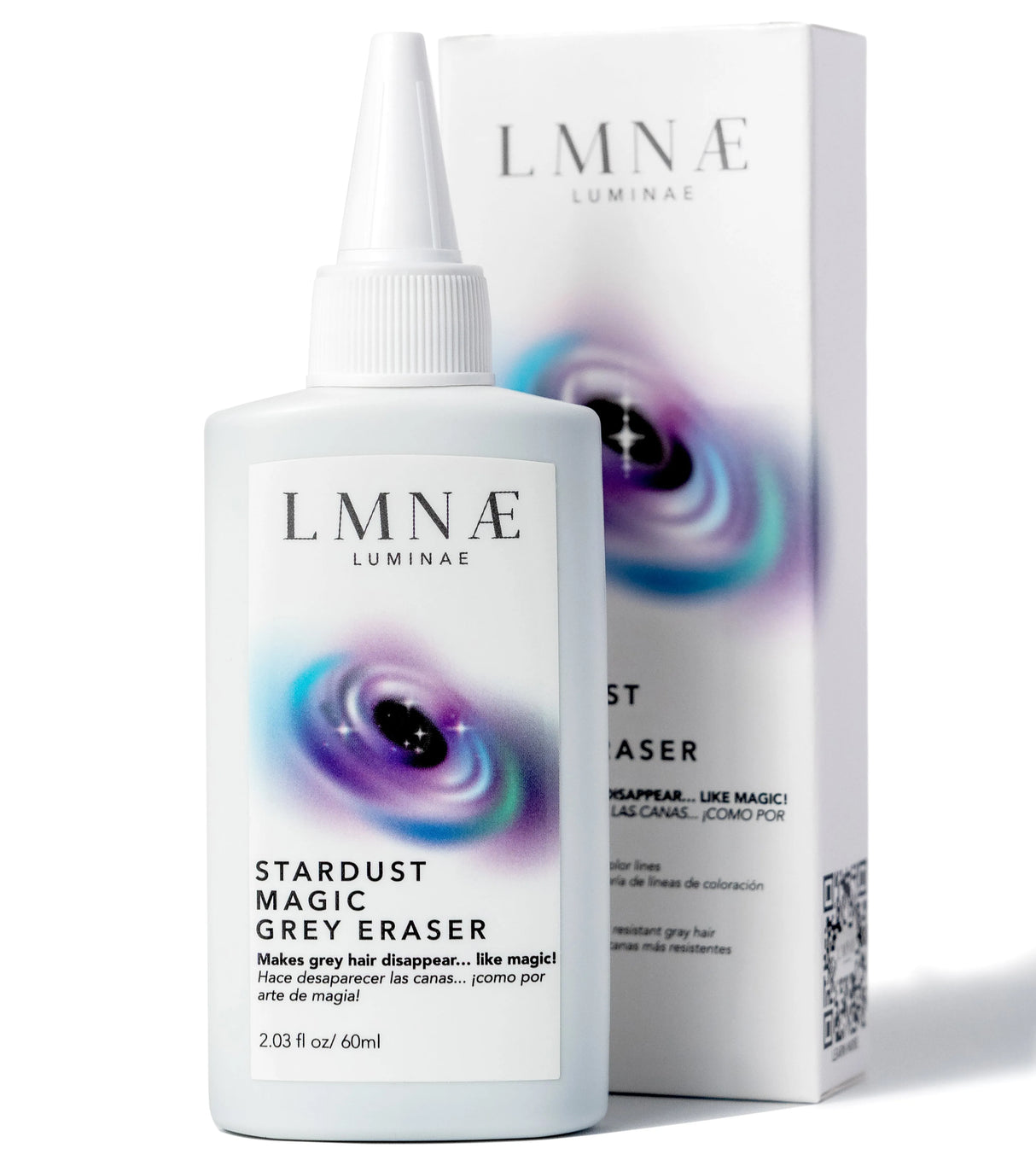 Image showcasing the 2.03 fl oz bottle of LUMINAE Stardust Magic Grey Eraser and packaging. 
