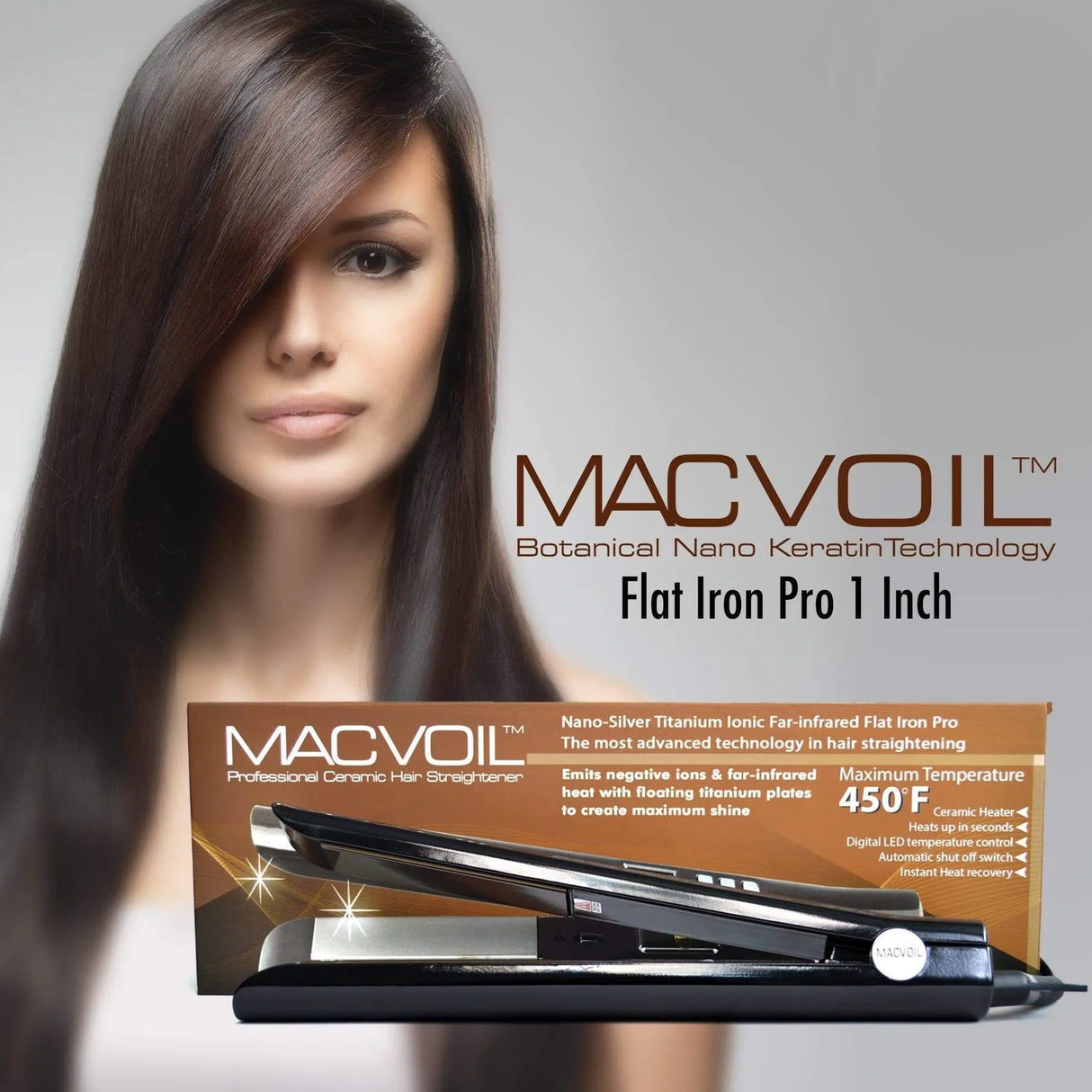 Lifestyle image of the Macvoil 1-inch Digital Ionic Titanium Flat Iron with Infrared Heat. 