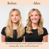 Before and after image of JOON Saffron Rose Moisture Mask on blond model. 