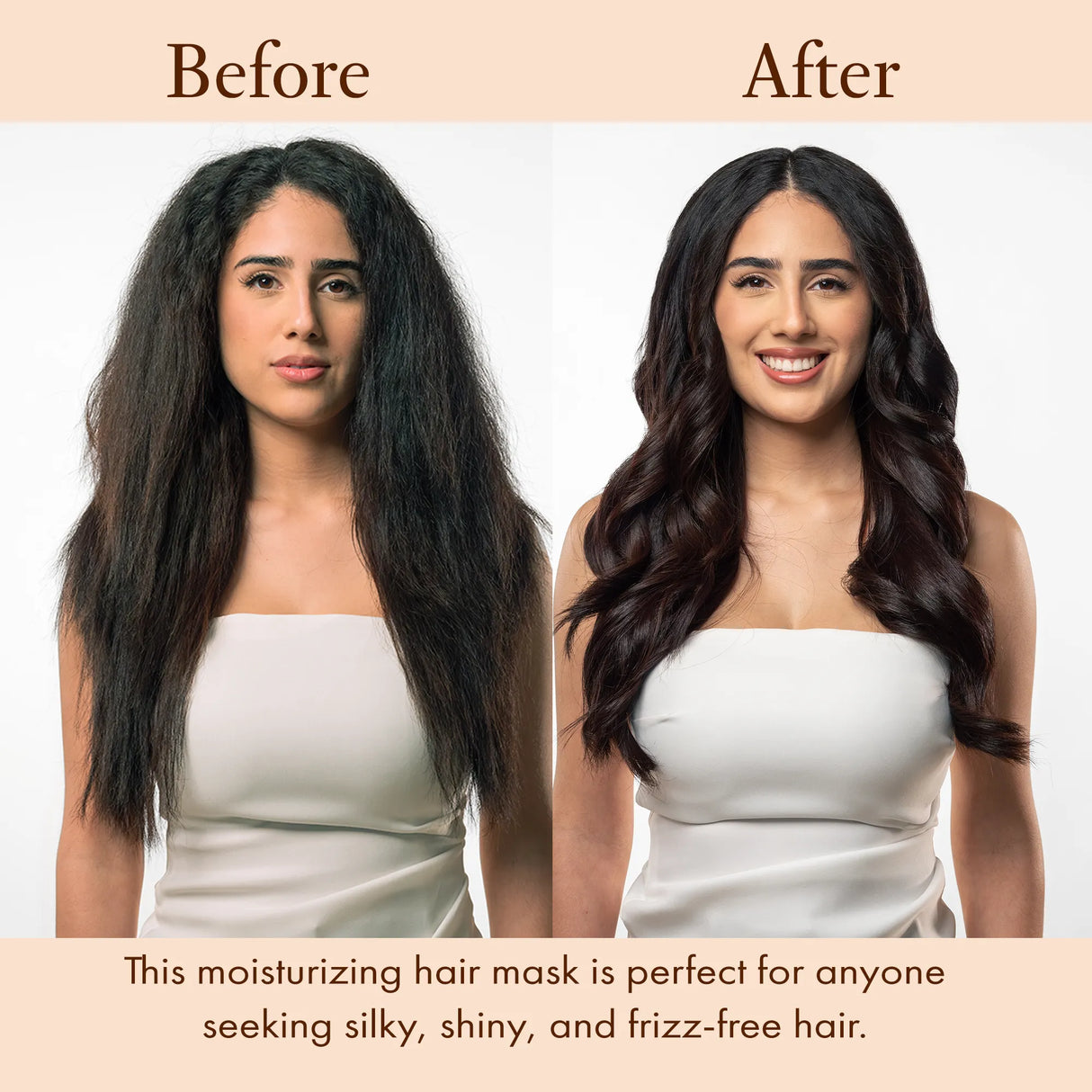 Before and after image of JOON Saffron Rose Moisture Mask on brunette model. 