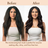 Before and after image of JOON Saffron Rose Moisture Mask on brunette model. 