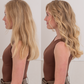 Side view of before and after results showing the volumizing effect of Katira Mousse on blonde hair.