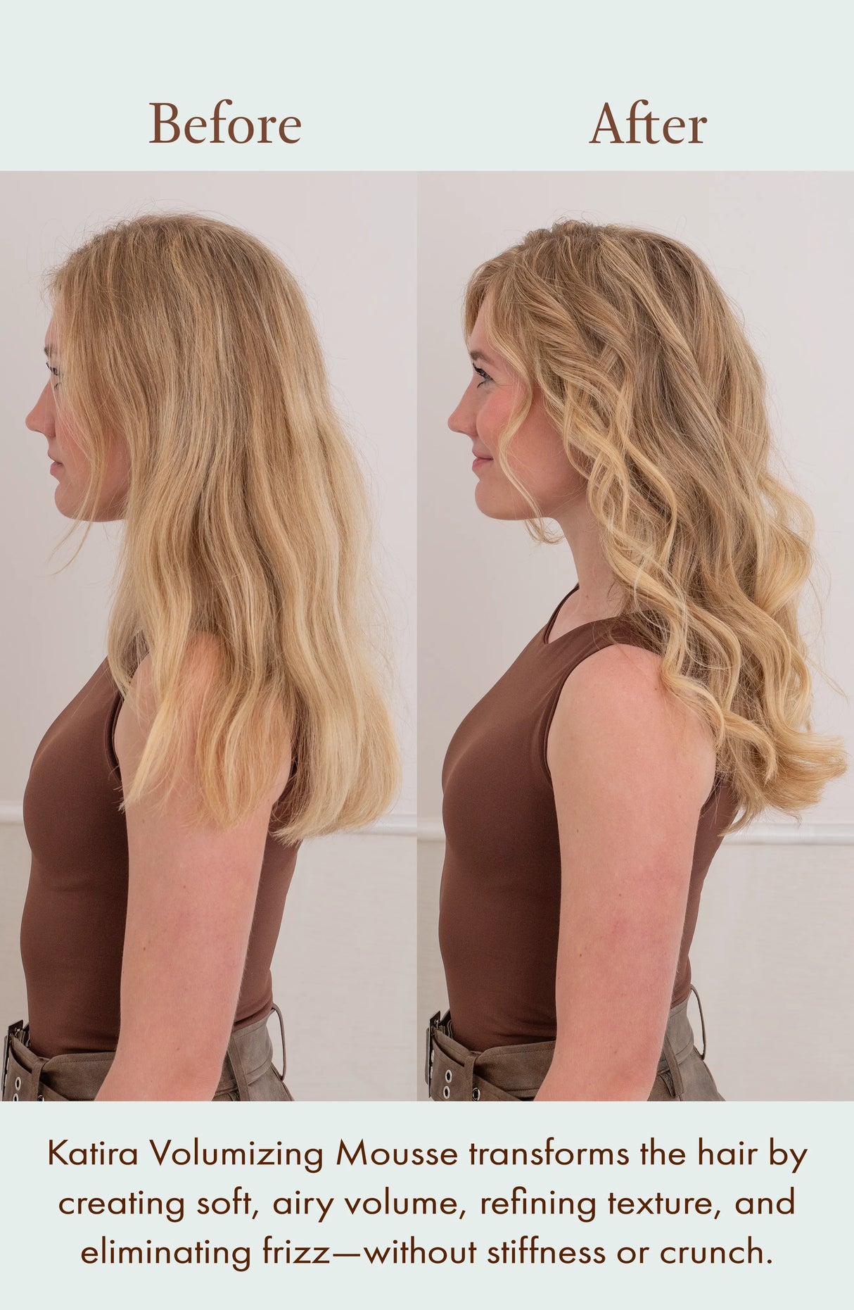 Side view of before and after results showing the volumizing effect of Katira Mousse on blonde hair.