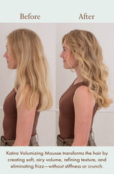 Side view of before and after results showing the volumizing effect of Katira Mousse on blonde hair.