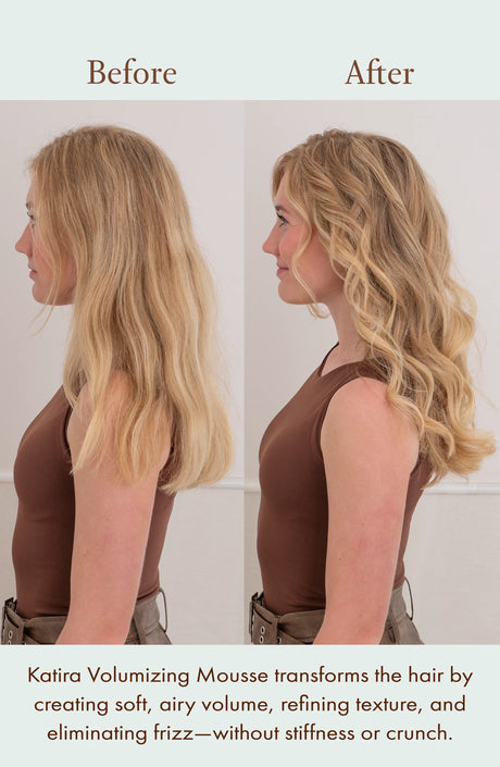 Side view of before and after results showing the volumizing effect of Katira Mousse on blonde hair.