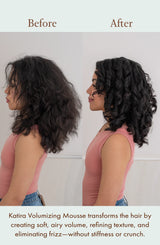 Side view of before and after results showing the volumizing effect of Katira Mousse on brunette hair.