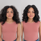 Before and after images showing the volumizing effect of Katira Mousse on brunette hair.