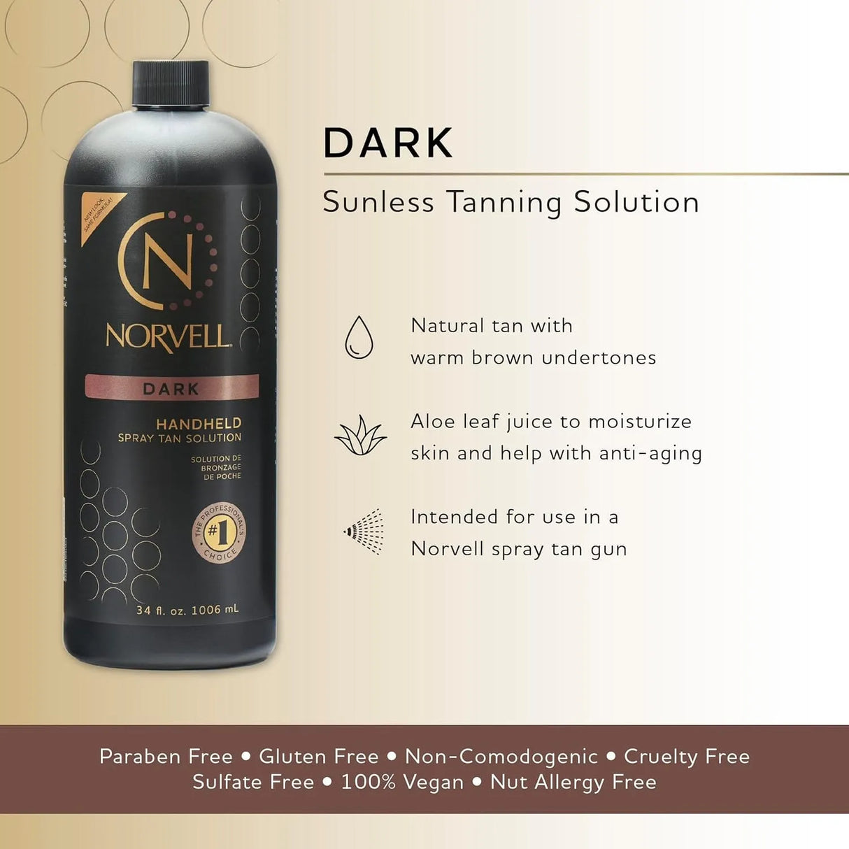 Image displaying the main features of the Norvell Dark Handheld Spray Tan Solution. 
