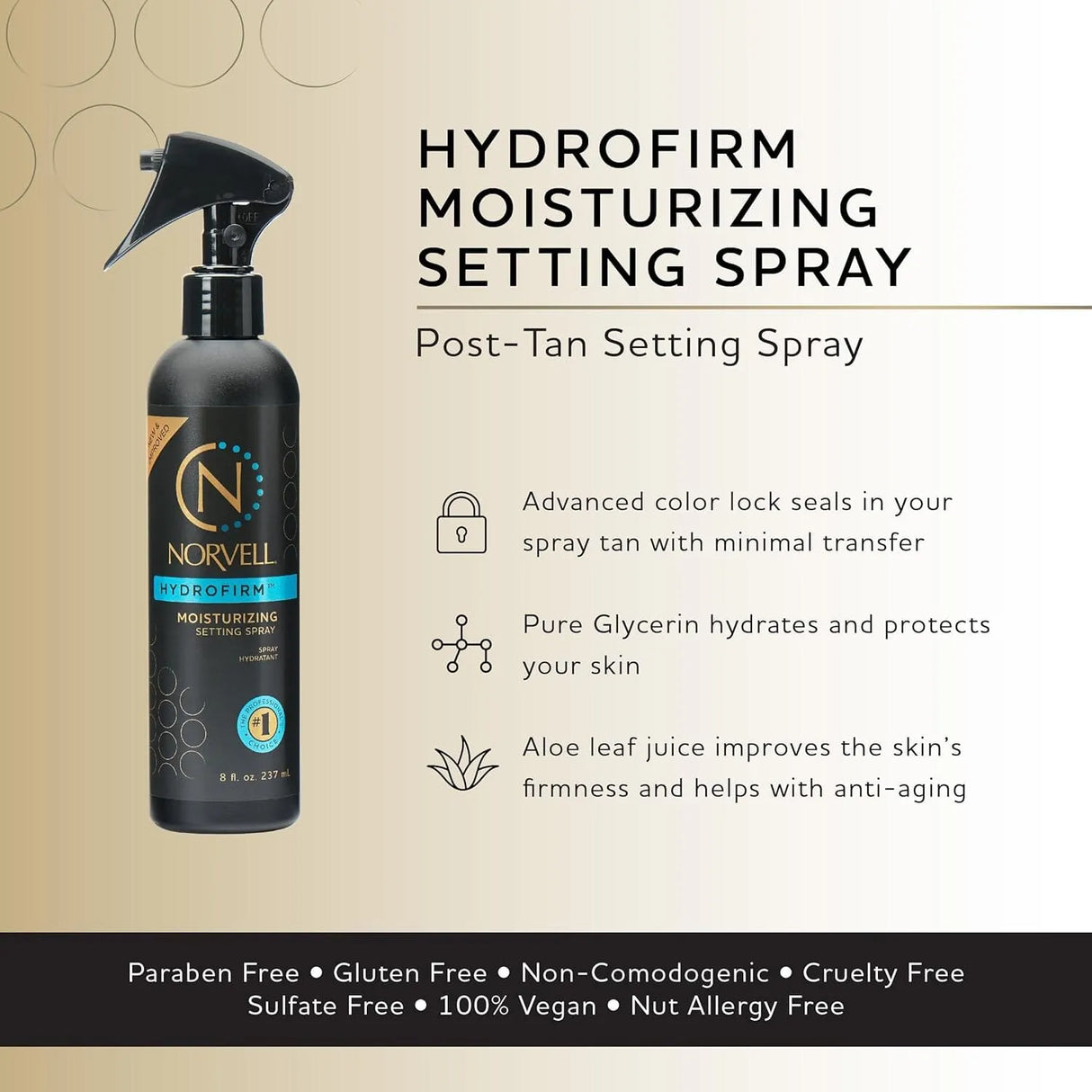 Image displaying the features of the Norvell Hydrofirm Moisturizing Setting Spray. 
