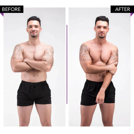 Male model showcasing before and after results of Norvell Venetian Gradual Self-Tanning Lotion. 