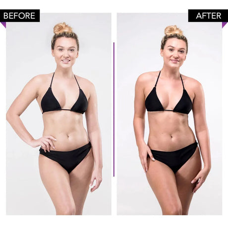 Female model showcasing before and after results of Norvell Venetian Gradual Self Tanning Lotion. 