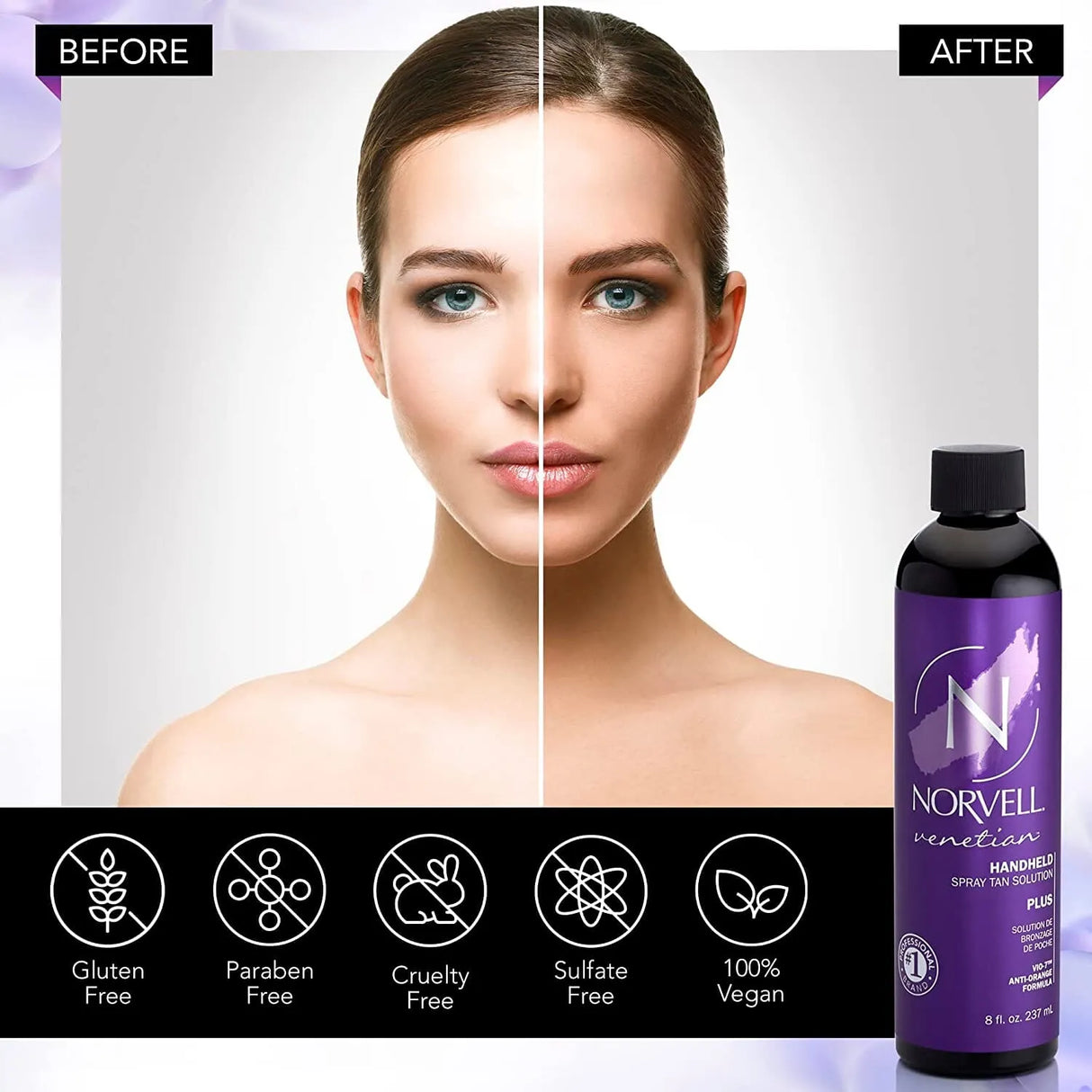 Model image shows before and after results using the Norvell Venetian Plus Handheld Spray Tan Solution. 