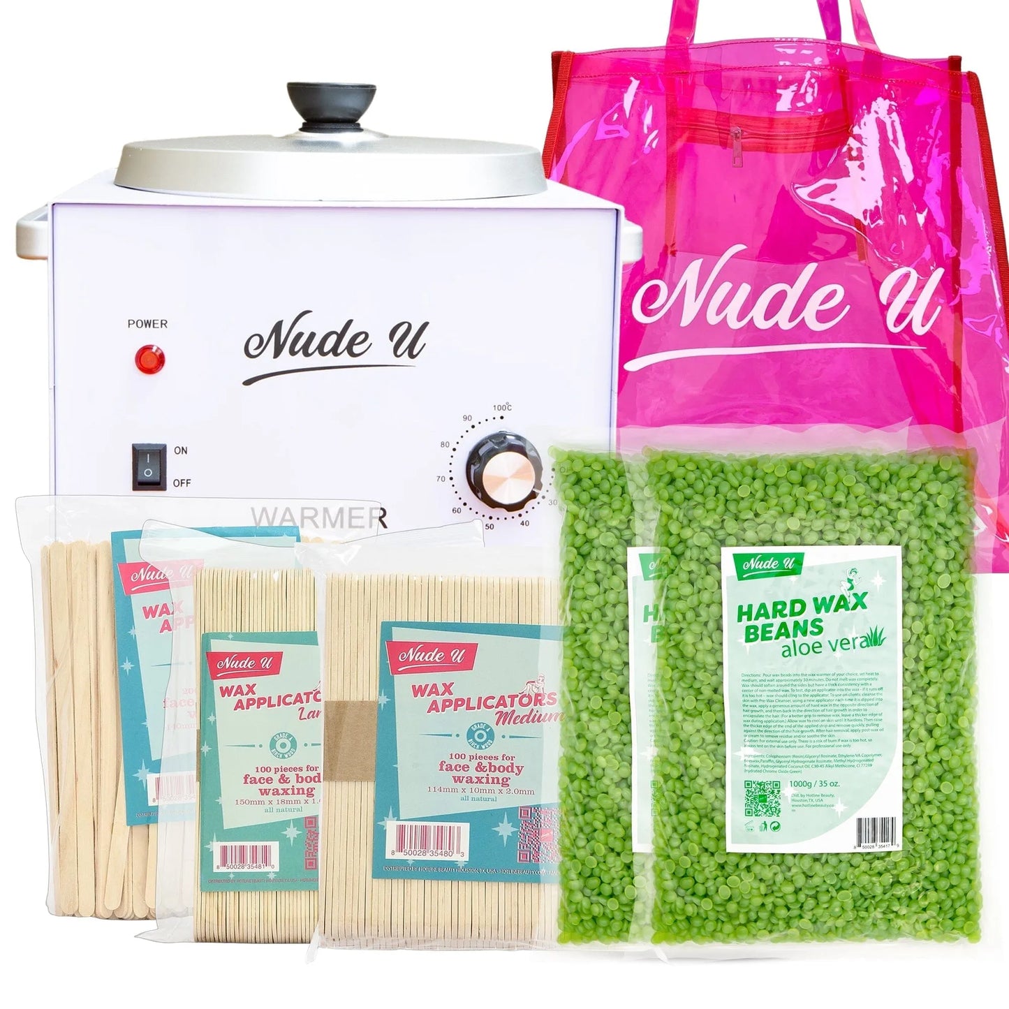 NudeU Advanced Hard Wax Kit – Aloe Vera with wax warmer, applicators, and hard wax beans for professional hair removal.