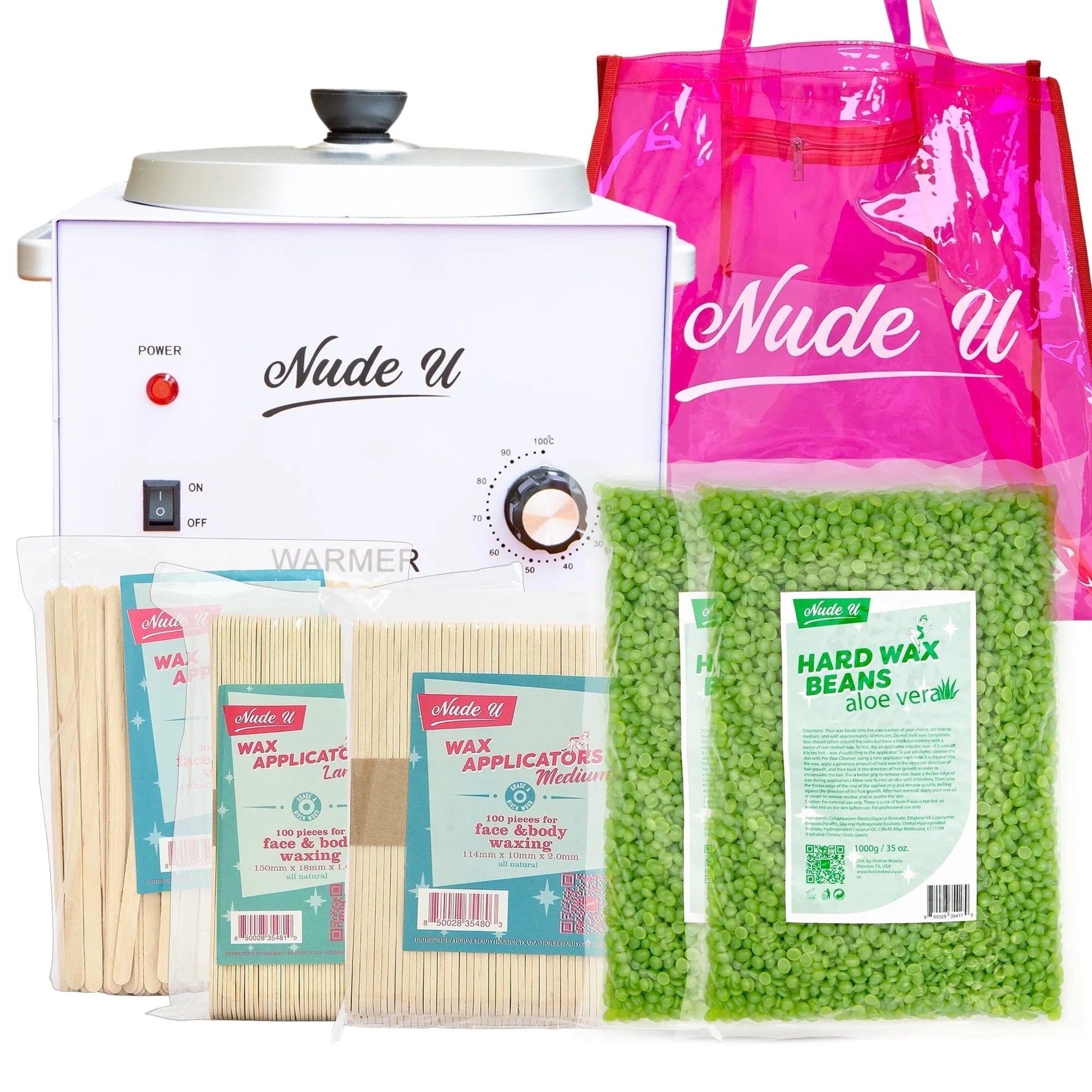 NudeU Advanced Hard Wax Kit – Aloe Vera with wax warmer, applicators, and hard wax beans for professional hair removal.