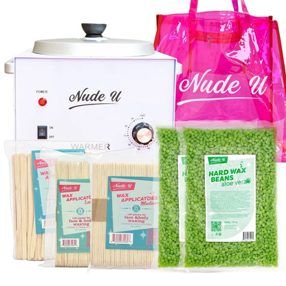 NudeU Advanced Hard Wax Kit – Aloe Vera with wax warmer, applicators, and hard wax beans for professional hair removal.