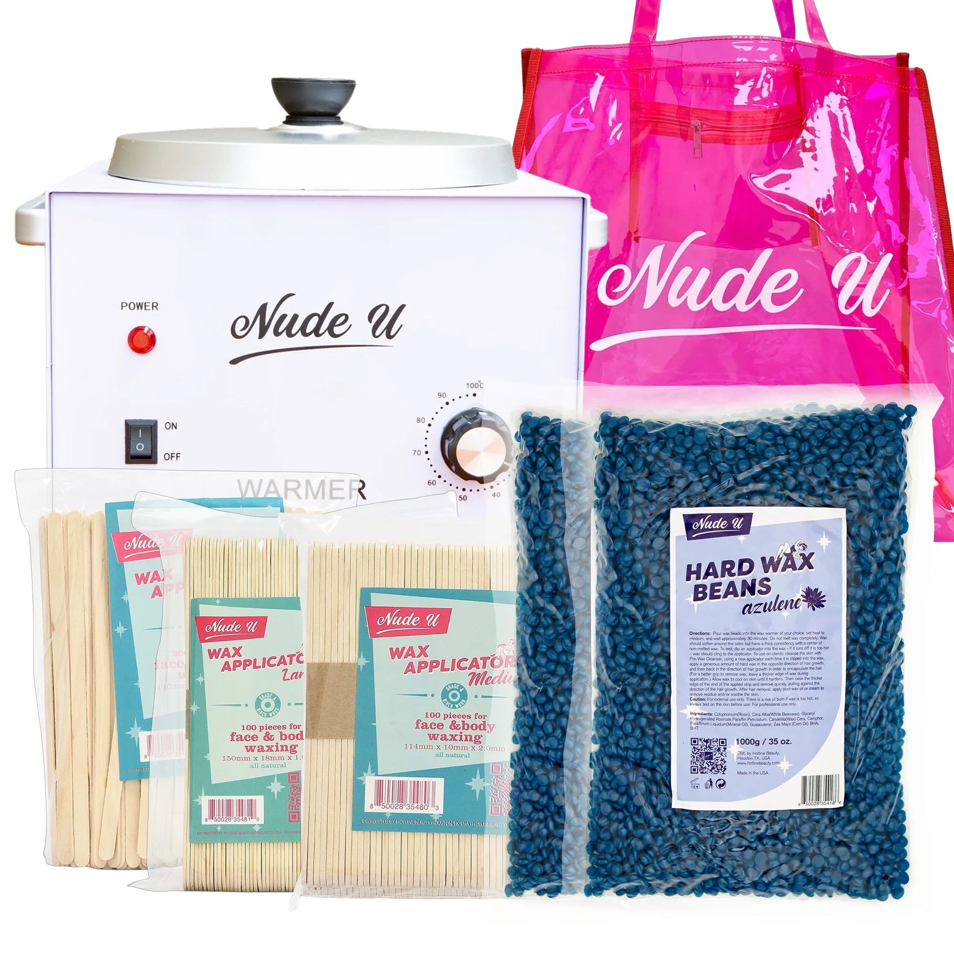 NudeU Advanced Hard Wax Kit – Azulene with wax warmer, applicators, and hard wax beans for professional hair removal. 