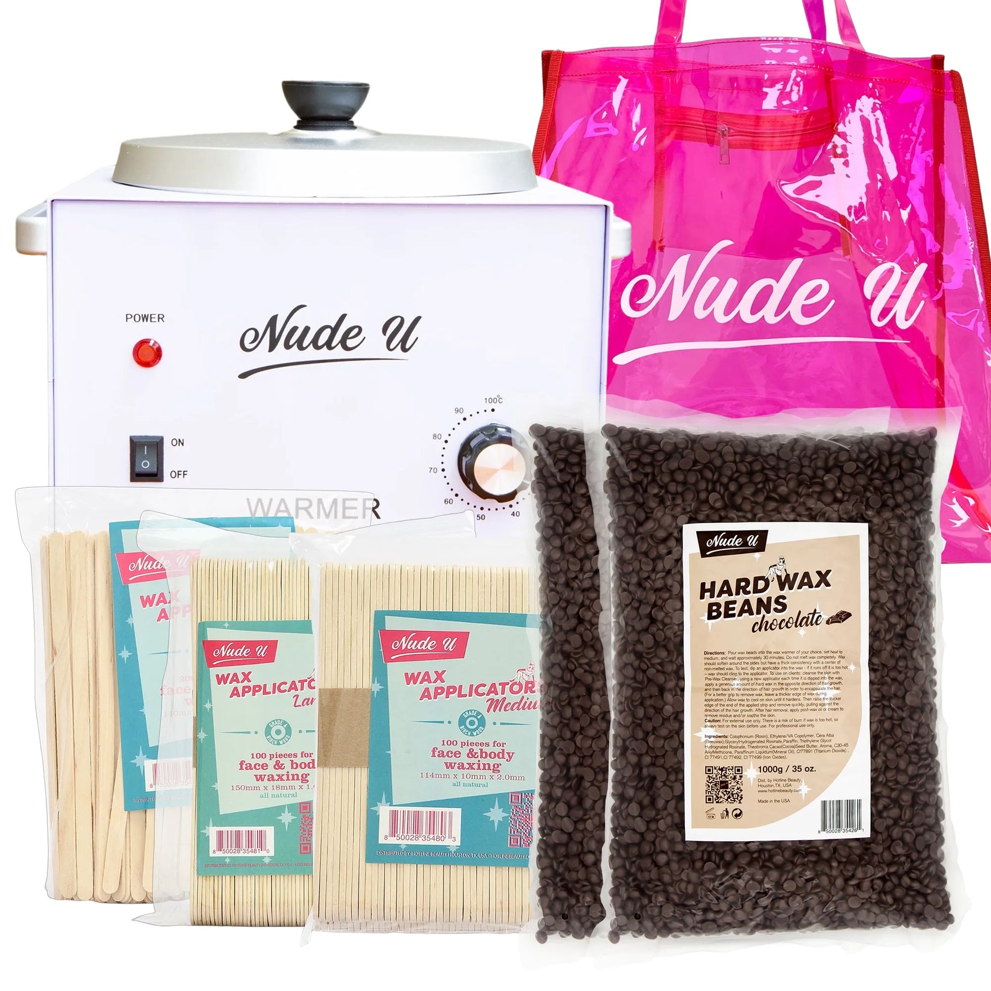 NudeU Advanced Hard Wax Kit – Chocolate with wax warmer, applicators, and hard wax beans for professional hair removal.