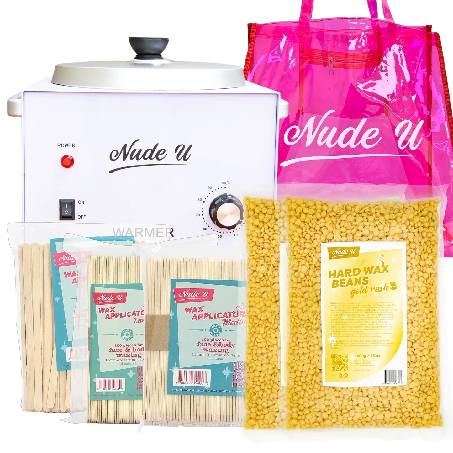 NudeU Advanced Hard Wax Kit – Gold Rush with wax warmer, applicators, and hard wax beans for professional hair removal.