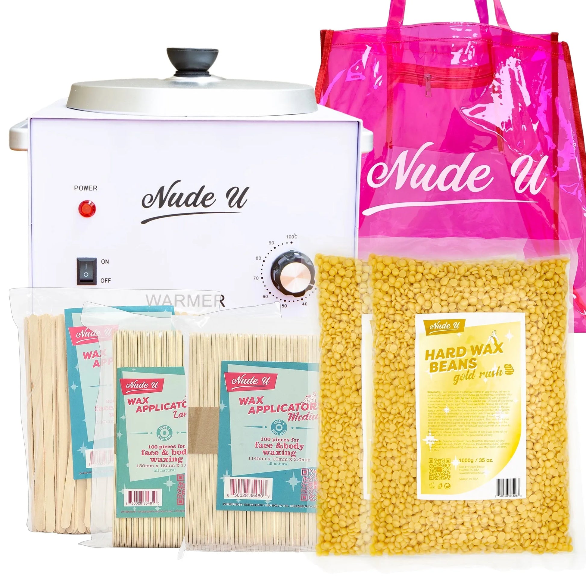 NudeU Advanced Hard Wax Kit – Gold Rush with wax warmer, applicators, and hard wax beans for professional hair removal.