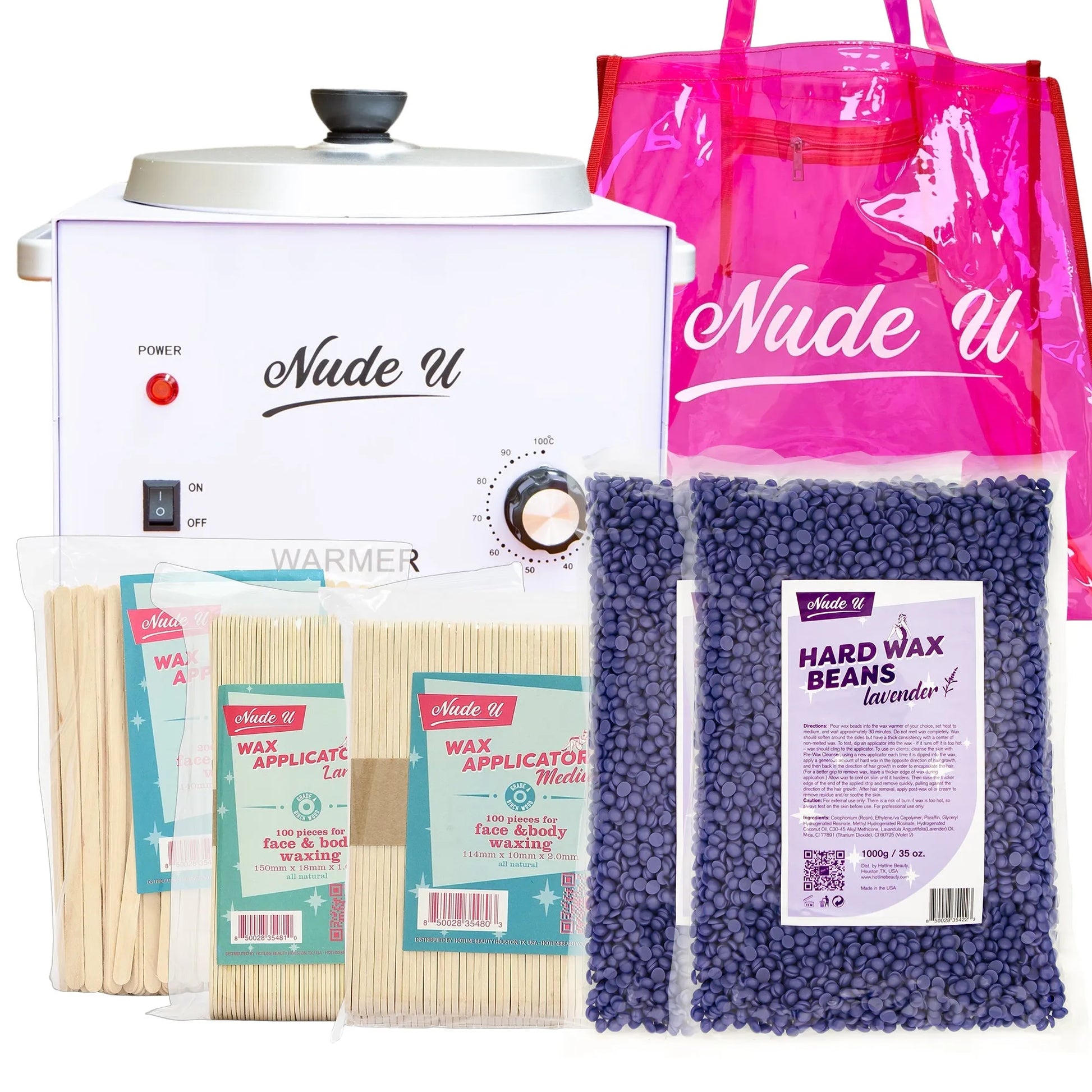 NudeU Advanced Hard Wax Kit – Lavender with wax warmer, applicators, and hard wax beans for professional hair removal.
