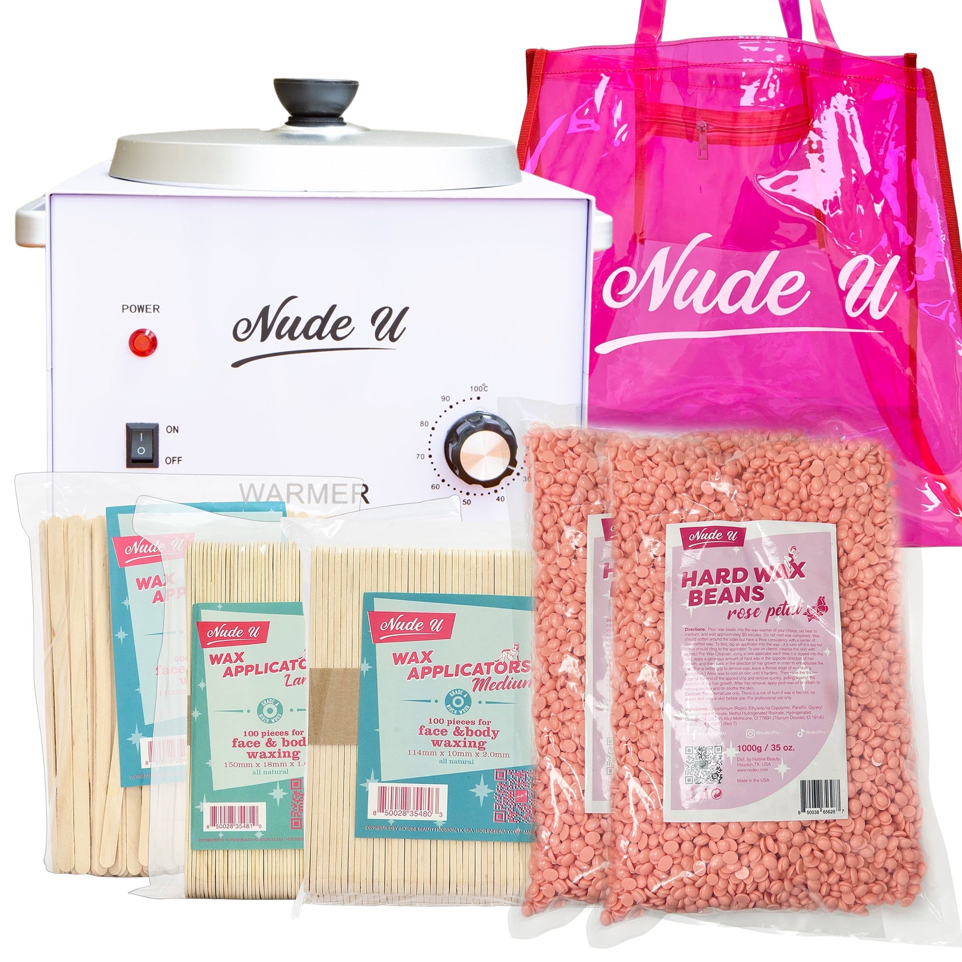 NudeU Advanced Hard Wax Kit – Rose Petal with wax warmer, applicators, and hard wax beans for professional hair removal.