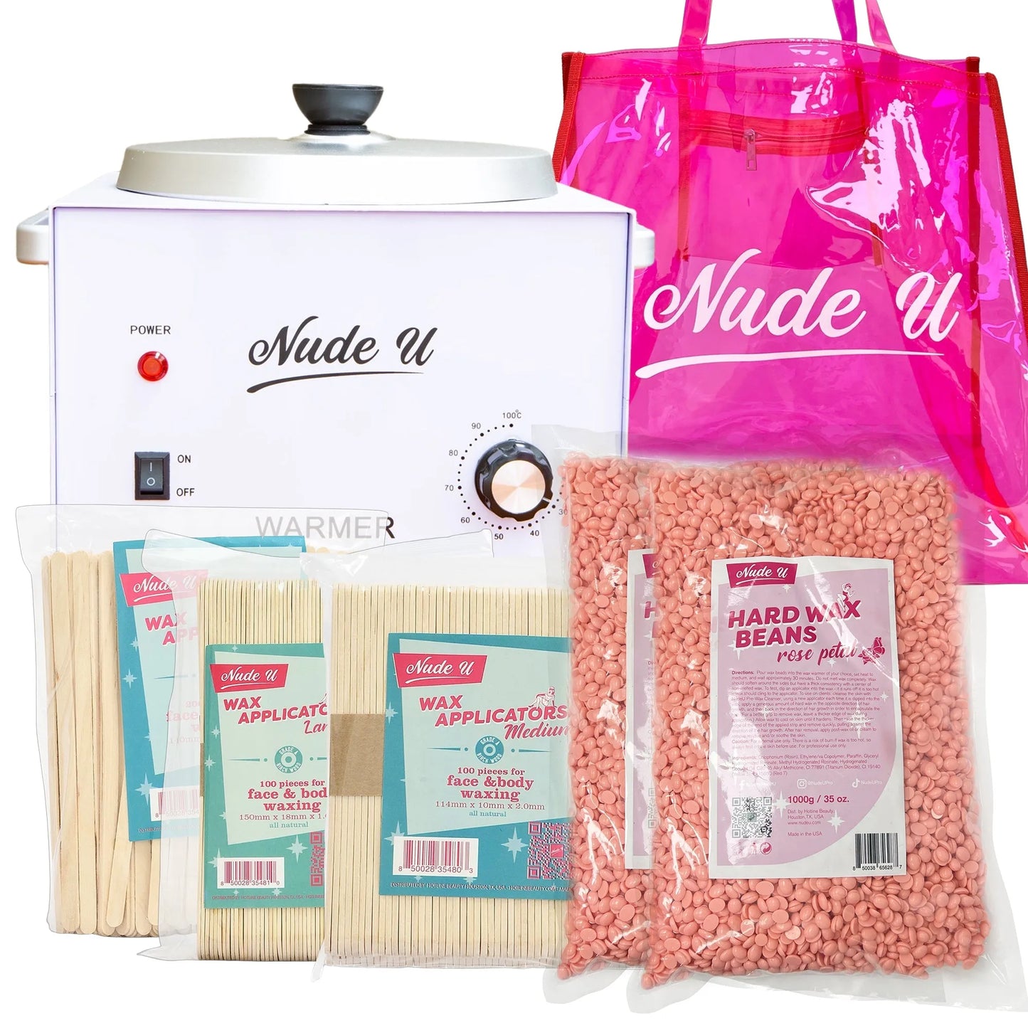 NudeU Advanced Hard Wax Kit – Rose Petal with wax warmer, applicators, and hard wax beans for professional hair removal.