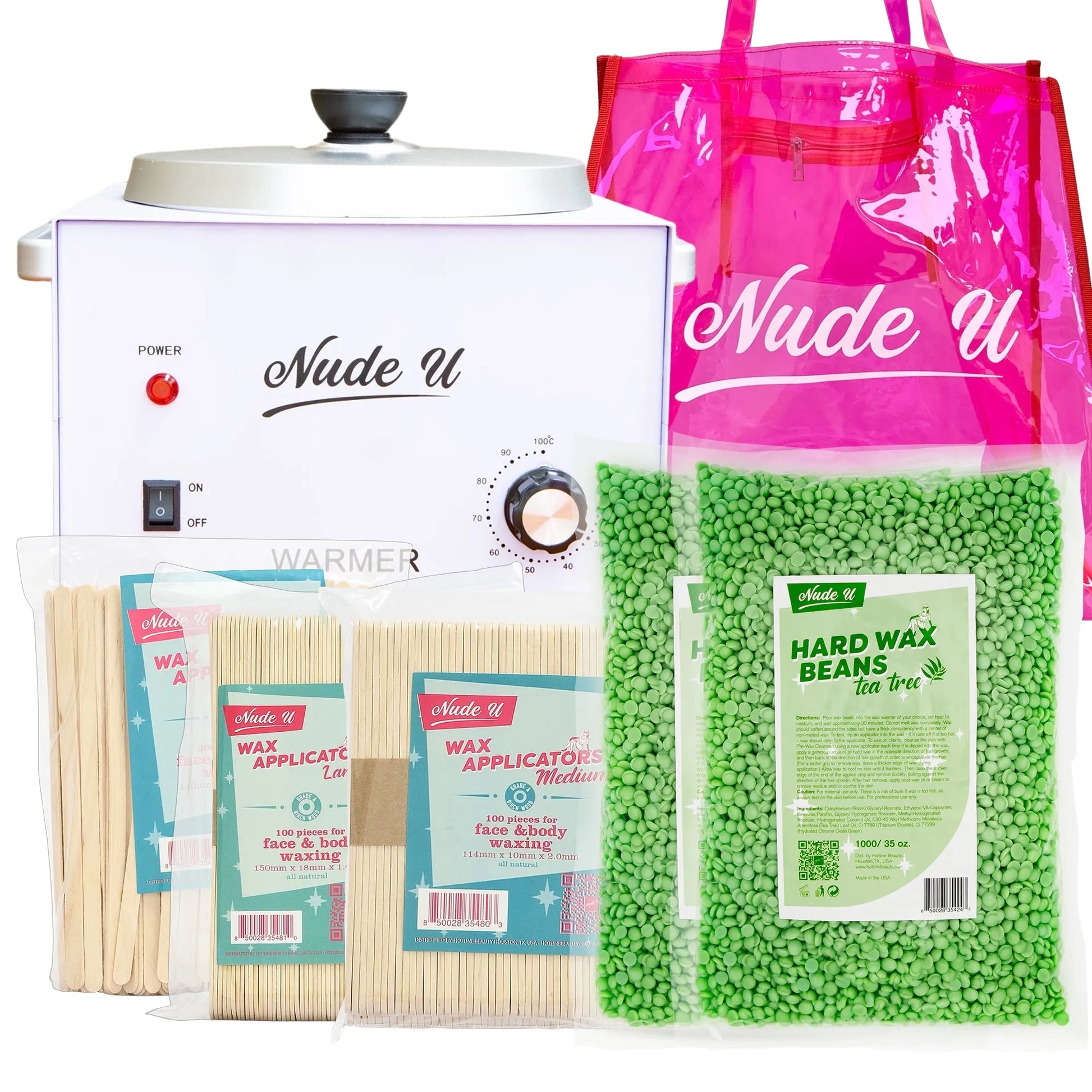NudeU Advanced Hard Wax Kit – Tea Tree with wax warmer, applicators, and hard wax beans for professional hair removal.