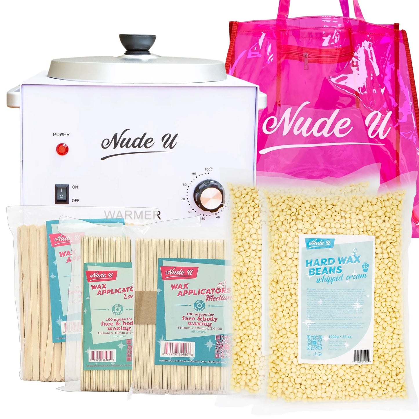 NudeU Advanced Hard Wax Kit – Whipped Cream with wax warmer, applicators, and hard wax beans for professional hair removal.
