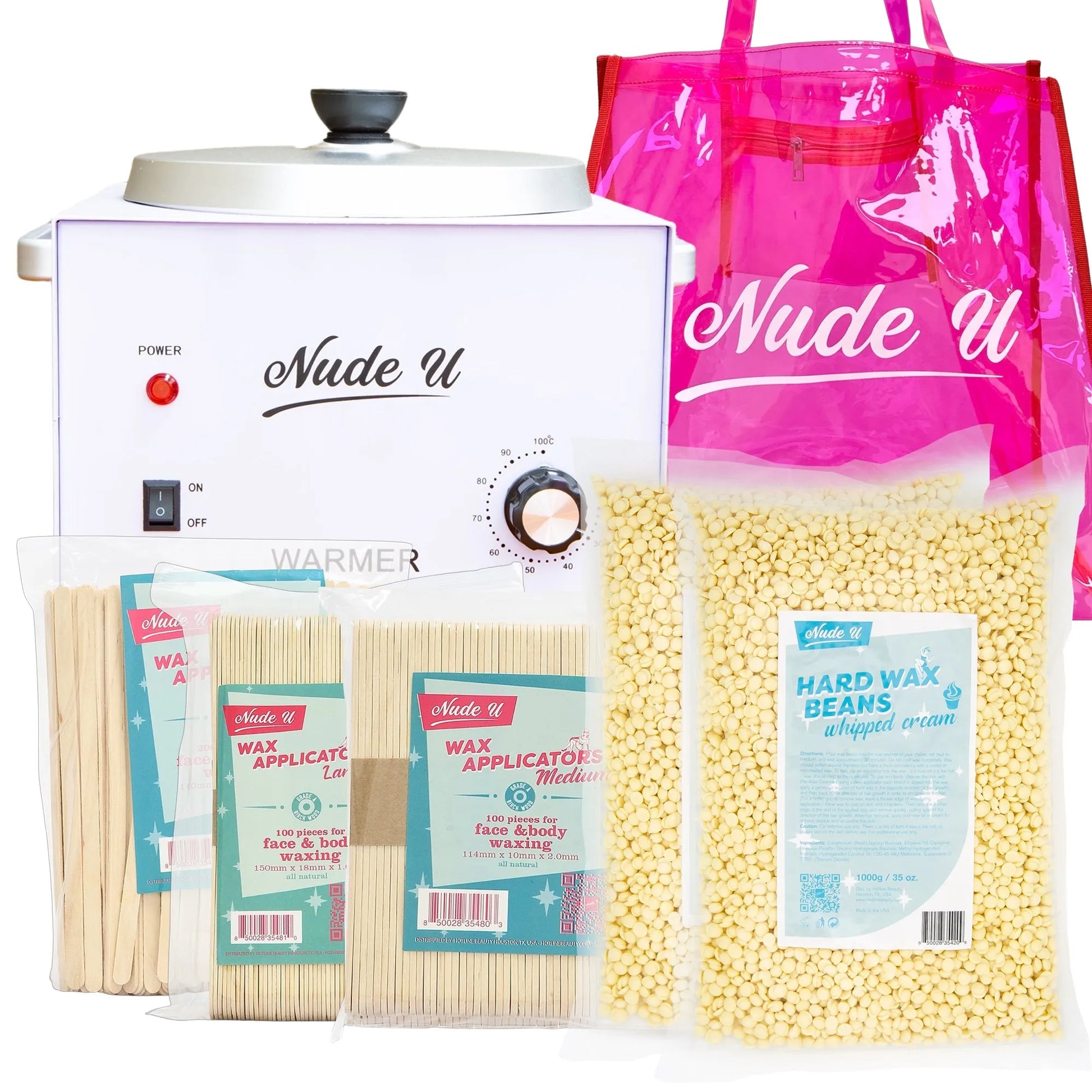 NudeU Advanced Hard Wax Kit – Whipped Cream with wax warmer, applicators, and hard wax beans for professional hair removal.