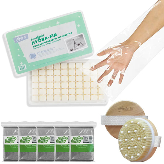 NudeU Body Wrap Kit with Eucalyptus Hydra-Fin cubes, body brush, disposable liners, and spa blankets—professional paraffin-free spa treatment set.