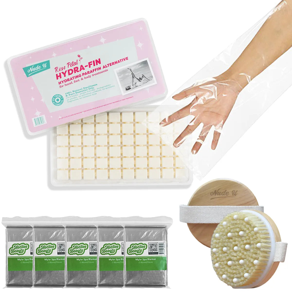 NudeU Body Wrap Kit with Rose Petal Hydra-Fin cubes, body brush, disposable liners, and spa blankets—professional paraffin-free spa treatment set.