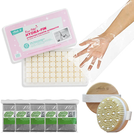 NudeU Body Wrap Kit with Rose Petal Hydra-Fin cubes, body brush, disposable liners, and spa blankets—professional paraffin-free spa treatment set.