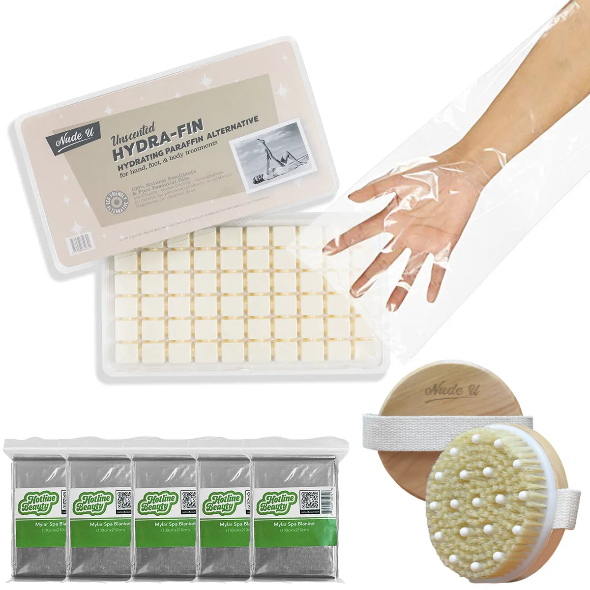 NudeU Body Wrap Kit with Unscented Hydra-Fin cubes, body brush, disposable liners, and spa blankets—professional paraffin-free spa treatment set.
