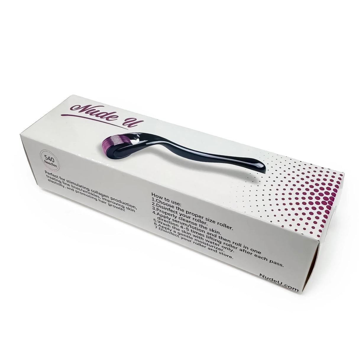NudeU 540 Microneedling Derma Roller packaging, sleek and professional packaging featuring the microneedling roller for skin rejuvenation.