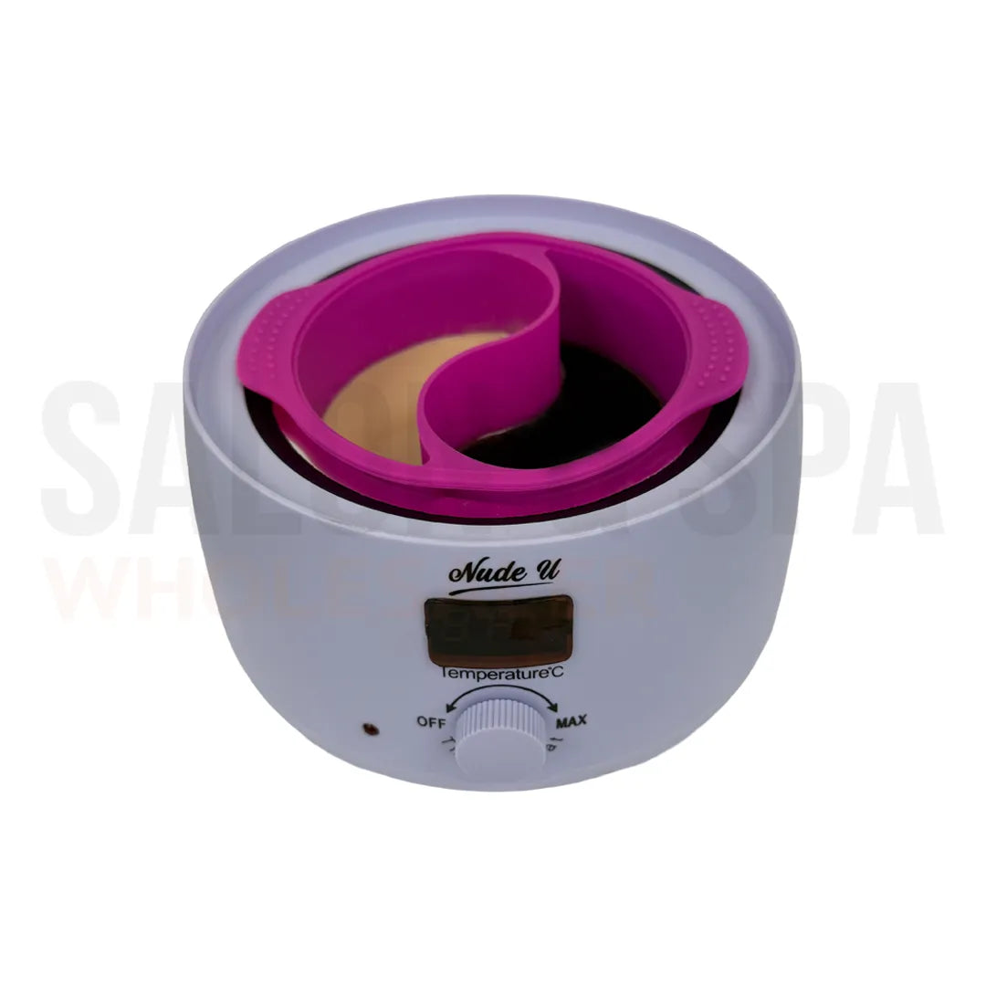 Side view of the 400 gram NudeU Dual Pot Reusable Silicone Liner in a wax warmer. 