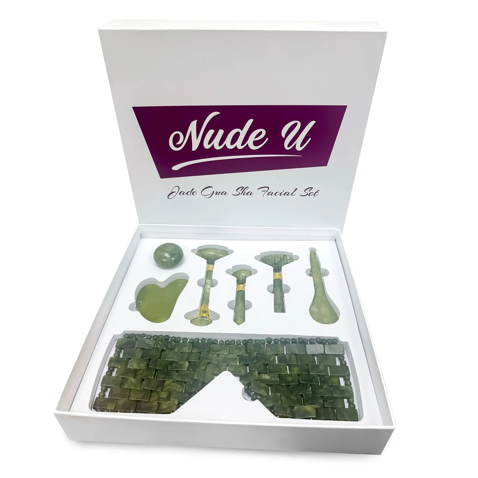NudeU Jade Eye Mask and Facial Massage Set image showcasing the tools  and massager for soothing and revitalizing facial treatment.