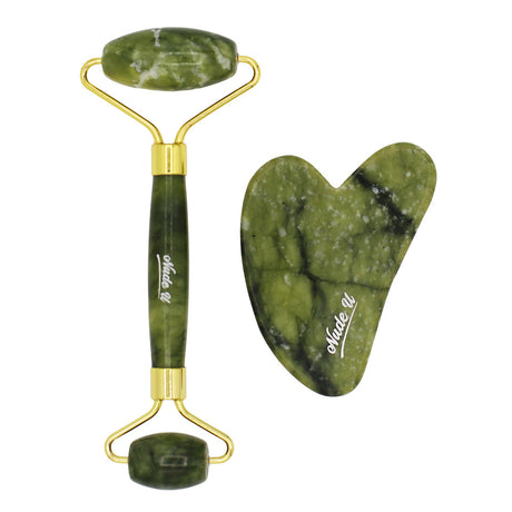 Jade Roller and Gua Sha Set by NudeU, both tools are displayed side by side.