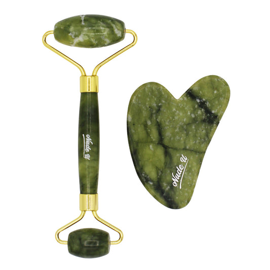 Jade Roller and Gua Sha Set by NudeU, both tools displayed side by side.