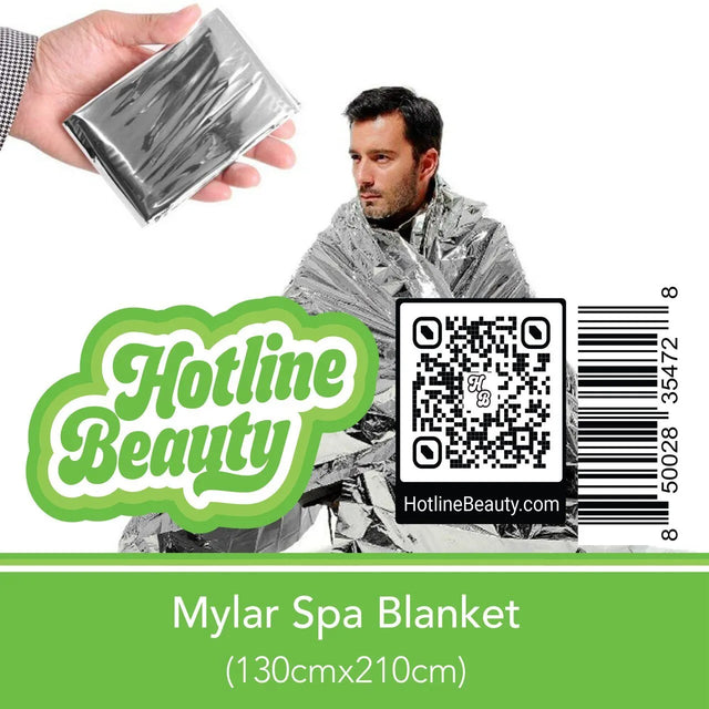 NudeU Mylar Spa Blanket measuring 130x210cm—single-use, reflective thermal blanket ideal for professional body wraps and spa treatments.