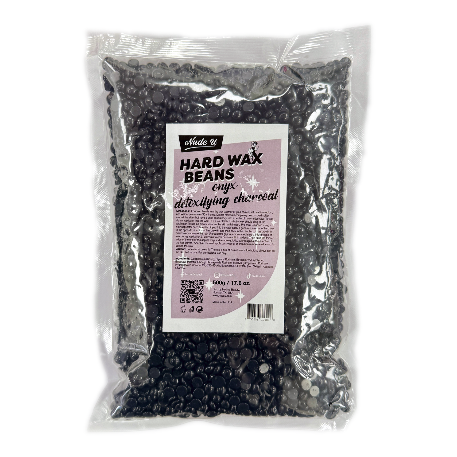 Image of the 500 gram bag of NudeU Onyx Deoxifying Charcoal Hard Wax. 