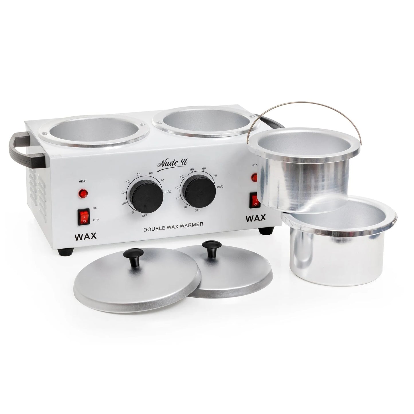 The image shows the Main image of the NudeU Professional Double Pot Wax Warmer with tins and lids. 