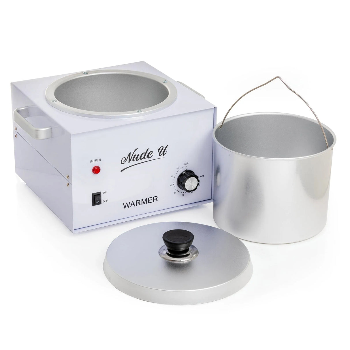 Image shows the NudeU XL Warmer with wax tin and lid. 