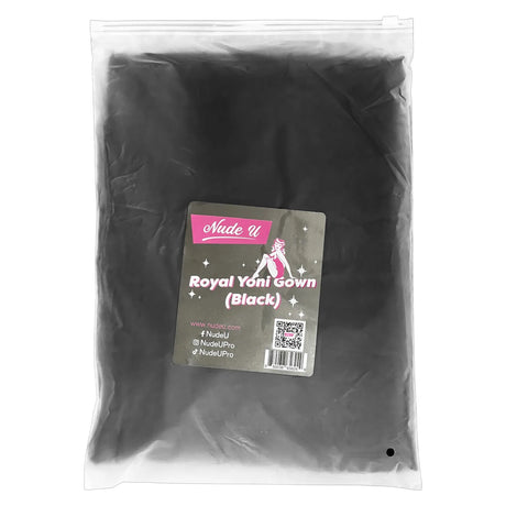 Packaging image of the luxurious black Yoni Steam Gown from NudeU.